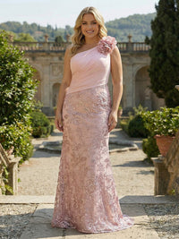 Sheath One Shoulder 3D Floral Floor-Length Mother of the Bride & Groom Dresses with Sequin Embroidered & Sweep Train