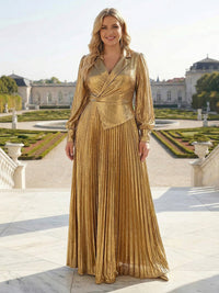 A-Line Pleated Metallic Satin Long Sleeves Mother of the Bride & Groom Dresses with Notched Lapel V-Neck