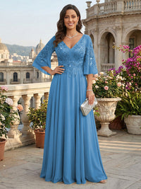 A-Line Chiffon 3/4 Flutter Sleeves Mother of the Bride & Groom Dresses with Beaded Lace Embroidered Bodice