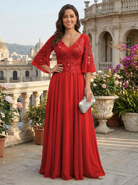 A-Line Chiffon 3/4 Flutter Sleeves Mother of the Bride & Groom Dresses with Beaded Lace Embroidered Bodice