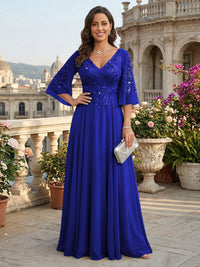 A-Line Chiffon 3/4 Flutter Sleeves Mother of the Bride & Groom Dresses with Beaded Lace Embroidered Bodice