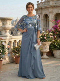 A-Line Chiffon 3/4 Cape Sleeve Mother of the Bride & Groom Dresses with Floral & Ruched Ruffled Waist
