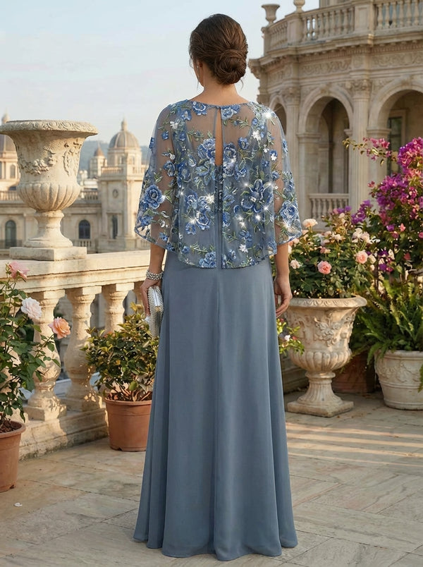 Dusty Blue Mother of the Bride Dresses 2026 for Women A-Line Bateau Neck Cape Sleeve Floor-Length Formal Wedding Guest Dress