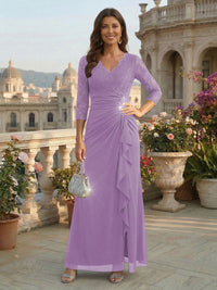 A-Line Chiffon 3/4 Sleeves Mother of the Bride & Groom Dresses with Ruched Ruffles Waist