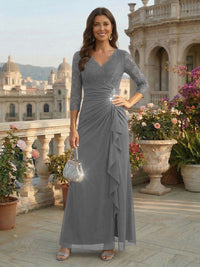 A-Line Chiffon 3/4 Sleeves Mother of the Bride & Groom Dresses with Ruched Ruffles Waist