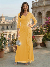 A-Line Chiffon 3/4 Sleeves Mother of the Bride & Groom Dresses with Ruched Ruffles Waist