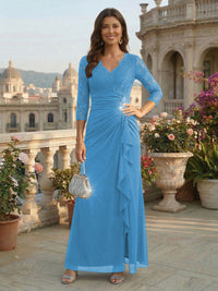 A-Line Chiffon 3/4 Sleeves Mother of the Bride & Groom Dresses with Ruched Ruffles Waist