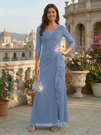 A-Line Chiffon 3/4 Sleeves Mother of the Bride & Groom Dresses with Ruched Ruffles Waist