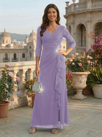 A-Line Chiffon 3/4 Sleeves Mother of the Bride & Groom Dresses with Ruched Ruffles Waist