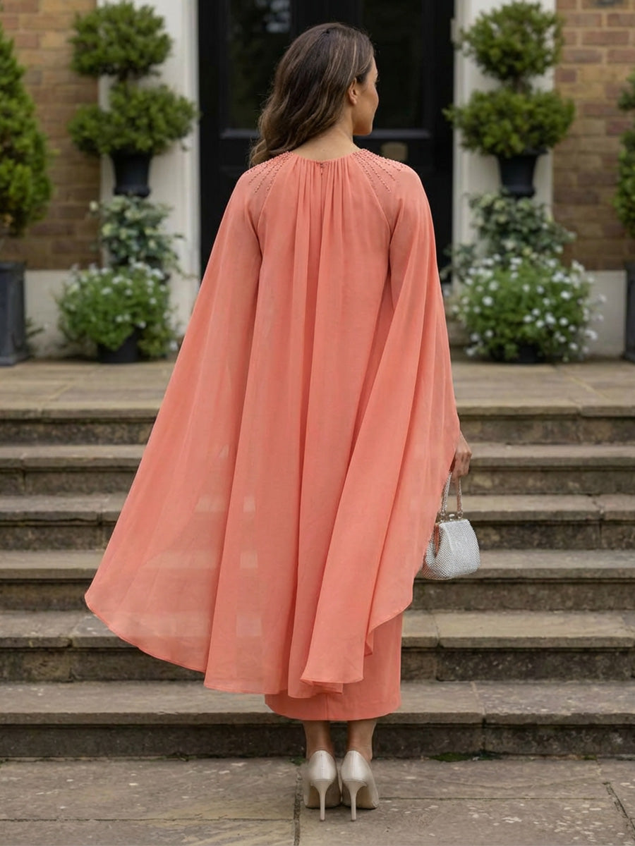 Elegant Sheath Chiffon Cape Sleeves Midi-Length Mother of the Bride & Groom Dresses for Formal Wedding