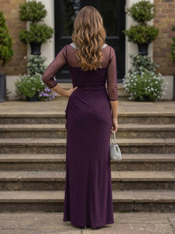 Sheath Chiffon 3/4 Sleeves Mother of the Bride & Groom Dresses with Ruched Ruffles Waist & Slit