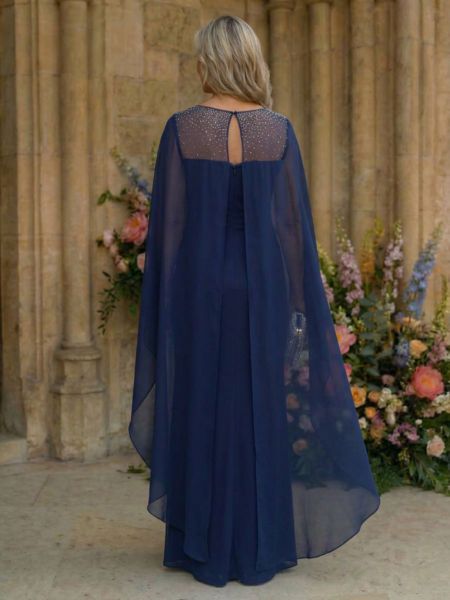 Elegant Chiffon Sheath Cape Sleeves Mother of the Bride & Groom Dresses with Rhinestones