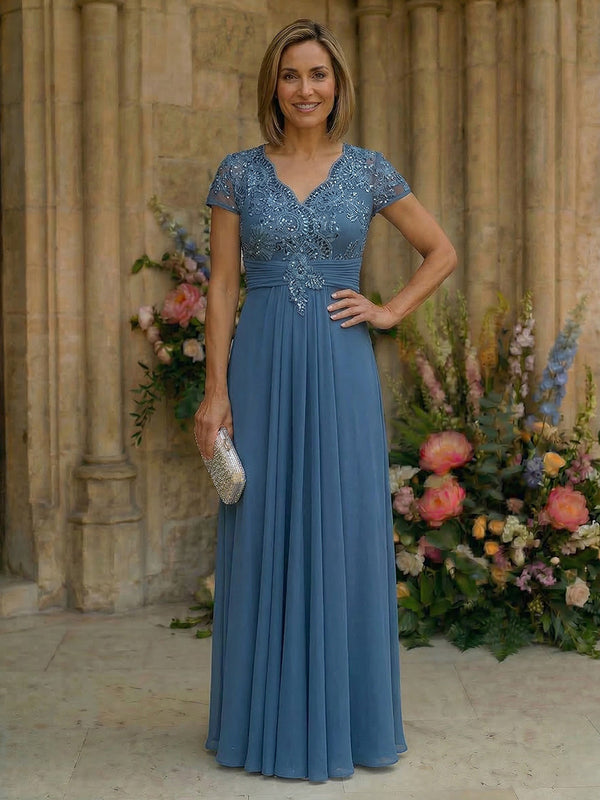 Elegant Pleated Chiffon A-Line Short Sleeves Mother of the Bride & Groom Dresses with Beaded Lace Bodice