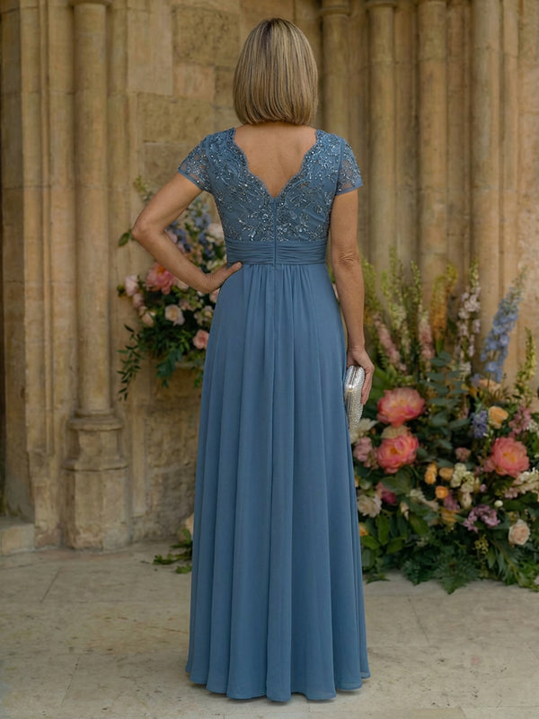 Elegant Pleated Chiffon A-Line Short Sleeves Mother of the Bride & Groom Dresses with Beaded Lace Bodice