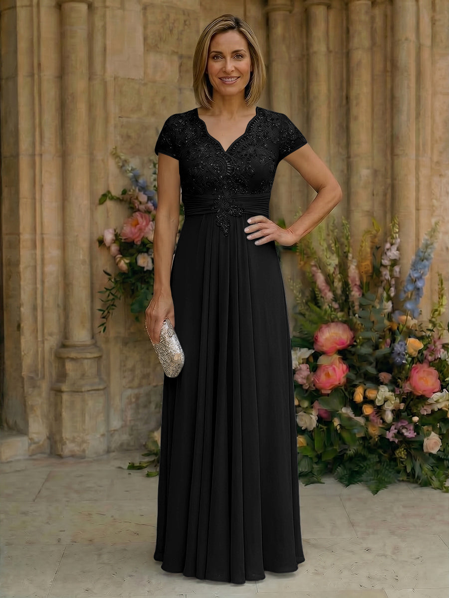 Elegant Pleated Chiffon A-Line Short Sleeves Mother of the Bride & Groom Dresses with Beaded Lace Bodice