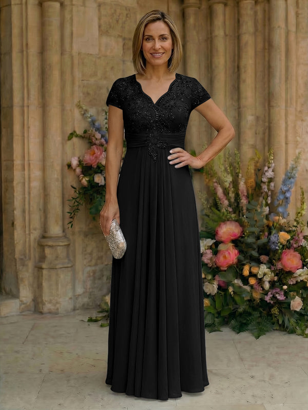 Elegant Pleated Chiffon A-Line Short Sleeves Mother of the Bride & Groom Dresses with Beaded Lace Bodice