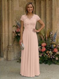 Elegant Pleated Chiffon A-Line Short Sleeves Mother of the Bride & Groom Dresses with Beaded Lace Bodice