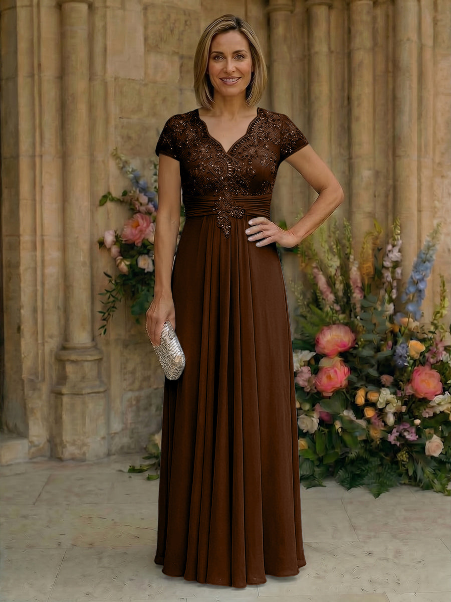 Elegant Pleated Chiffon A-Line Short Sleeves Mother of the Bride & Groom Dresses with Beaded Lace Bodice
