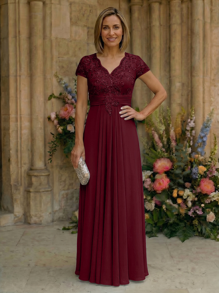 Elegant Pleated Chiffon A-Line Short Sleeves Mother of the Bride & Groom Dresses with Beaded Lace Bodice