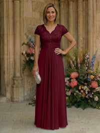 Elegant Pleated Chiffon A-Line Short Sleeves Mother of the Bride & Groom Dresses with Beaded Lace Bodice