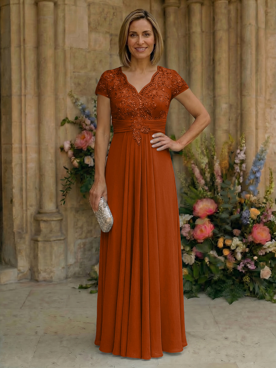 Elegant Pleated Chiffon A-Line Short Sleeves Mother of the Bride & Groom Dresses with Beaded Lace Bodice