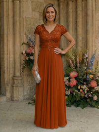 Elegant Pleated Chiffon A-Line Short Sleeves Mother of the Bride & Groom Dresses with Beaded Lace Bodice