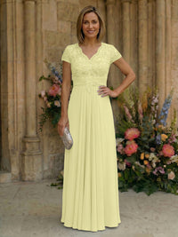 Elegant Pleated Chiffon A-Line Short Sleeves Mother of the Bride & Groom Dresses with Beaded Lace Bodice