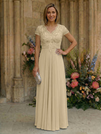 Elegant Pleated Chiffon A-Line Short Sleeves Mother of the Bride & Groom Dresses with Beaded Lace Bodice