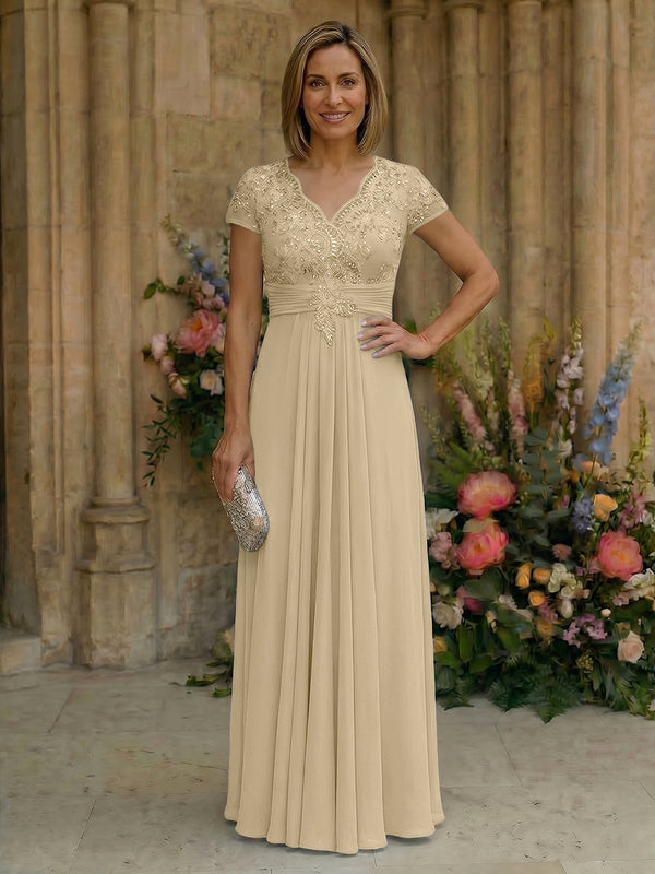 Elegant Pleated Chiffon A-Line Short Sleeves Mother of the Bride & Groom Dresses with Beaded Lace Bodice