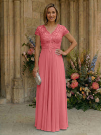 Elegant Pleated Chiffon A-Line Short Sleeves Mother of the Bride & Groom Dresses with Beaded Lace Bodice