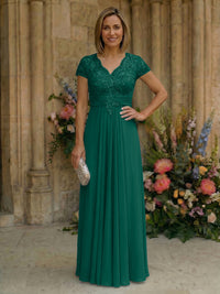 Elegant Pleated Chiffon A-Line Short Sleeves Mother of the Bride & Groom Dresses with Beaded Lace Bodice