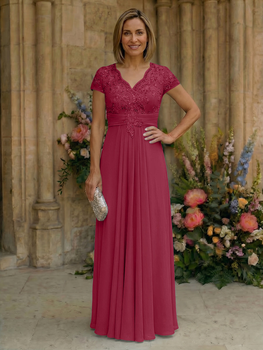 Elegant Pleated Chiffon A-Line Short Sleeves Mother of the Bride & Groom Dresses with Beaded Lace Bodice