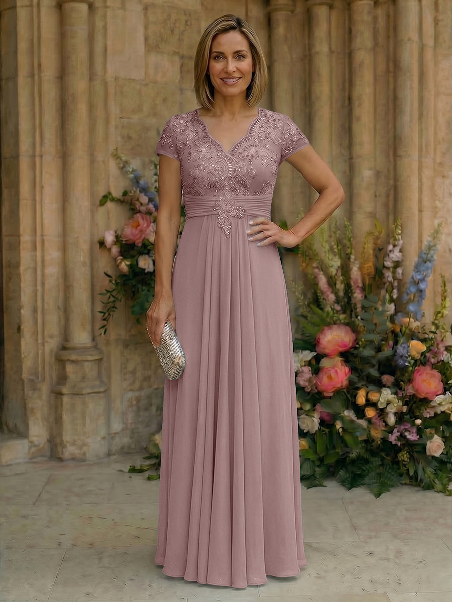 Elegant Pleated Chiffon A-Line Short Sleeves Mother of the Bride & Groom Dresses with Beaded Lace Bodice