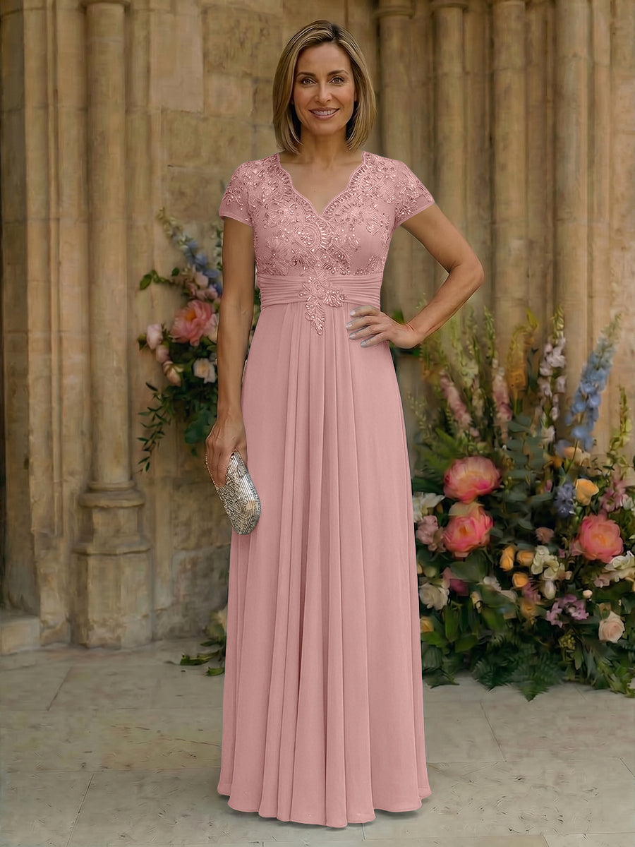 Elegant Pleated Chiffon A-Line Short Sleeves Mother of the Bride & Groom Dresses with Beaded Lace Bodice