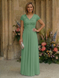 Elegant Pleated Chiffon A-Line Short Sleeves Mother of the Bride & Groom Dresses with Beaded Lace Bodice