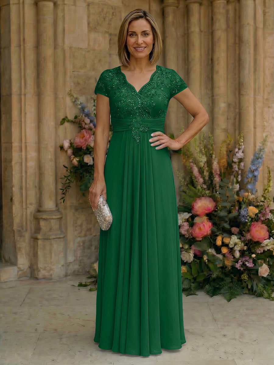 Elegant Pleated Chiffon A-Line Short Sleeves Mother of the Bride & Groom Dresses with Beaded Lace Bodice