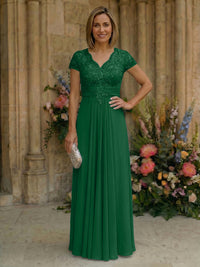 Elegant Pleated Chiffon A-Line Short Sleeves Mother of the Bride & Groom Dresses with Beaded Lace Bodice