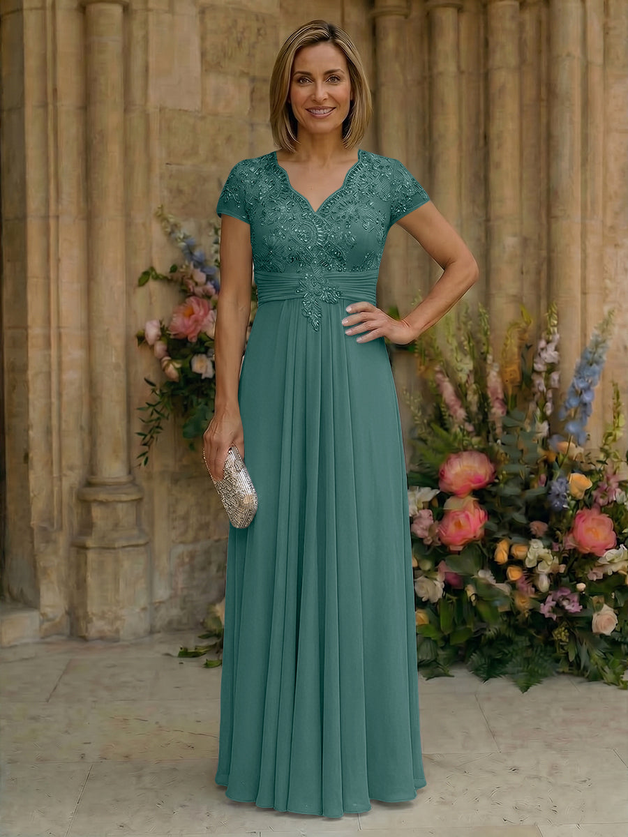 Elegant Pleated Chiffon A-Line Short Sleeves Mother of the Bride & Groom Dresses with Beaded Lace Bodice
