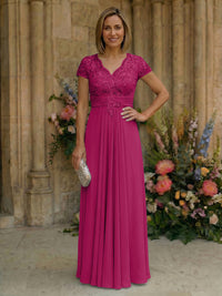 Elegant Pleated Chiffon A-Line Short Sleeves Mother of the Bride & Groom Dresses with Beaded Lace Bodice