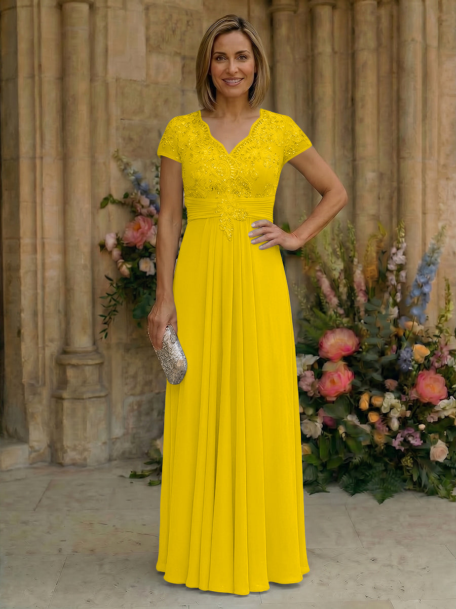 Elegant Pleated Chiffon A-Line Short Sleeves Mother of the Bride & Groom Dresses with Beaded Lace Bodice
