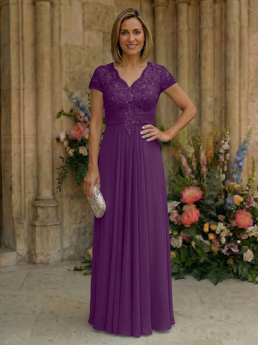 Elegant Pleated Chiffon A-Line Short Sleeves Mother of the Bride & Groom Dresses with Beaded Lace Bodice