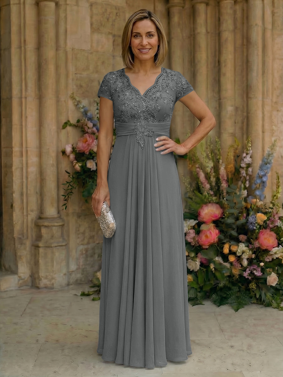 Elegant Pleated Chiffon A-Line Short Sleeves Mother of the Bride & Groom Dresses with Beaded Lace Bodice