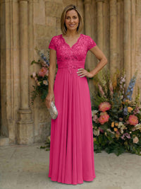 Elegant Pleated Chiffon A-Line Short Sleeves Mother of the Bride & Groom Dresses with Beaded Lace Bodice