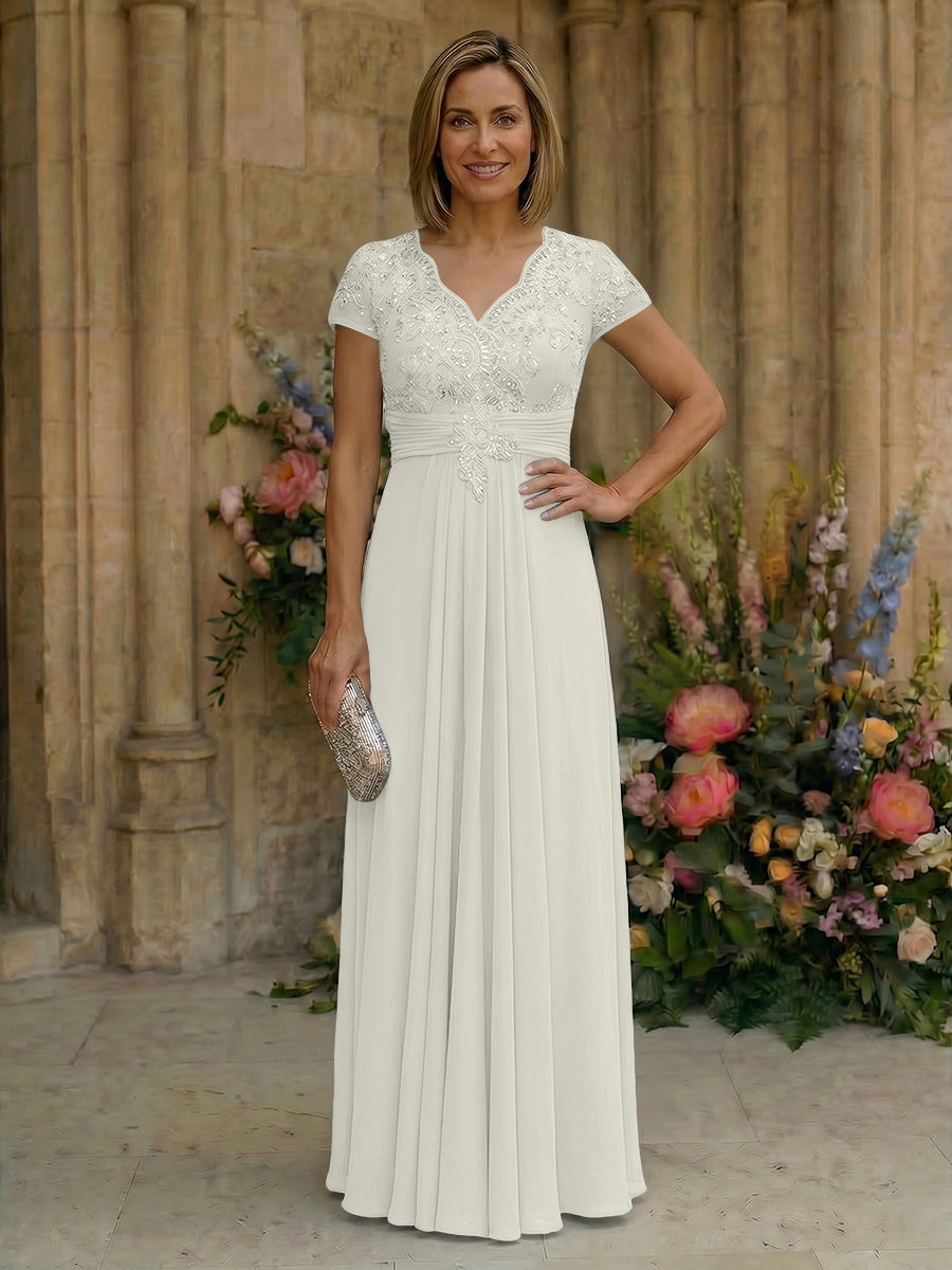 Elegant Pleated Chiffon A-Line Short Sleeves Mother of the Bride & Groom Dresses with Beaded Lace Bodice