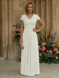 Elegant Pleated Chiffon A-Line Short Sleeves Mother of the Bride & Groom Dresses with Beaded Lace Bodice