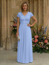 Elegant Pleated Chiffon A-Line Short Sleeves Mother of the Bride & Groom Dresses with Beaded Lace Bodice