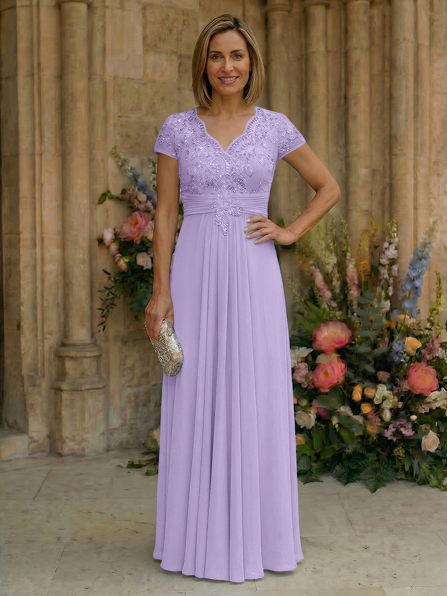 Elegant Pleated Chiffon A-Line Short Sleeves Mother of the Bride & Groom Dresses with Beaded Lace Bodice