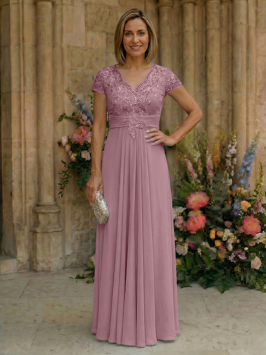 Elegant Pleated Chiffon A-Line Short Sleeves Mother of the Bride & Groom Dresses with Beaded Lace Bodice