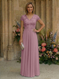 Elegant Pleated Chiffon A-Line Short Sleeves Mother of the Bride & Groom Dresses with Beaded Lace Bodice