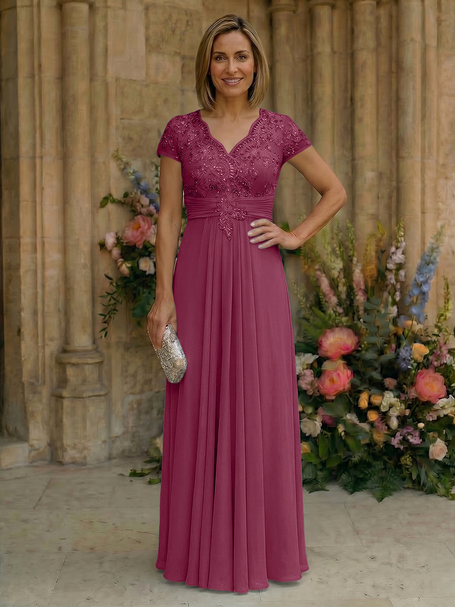 Elegant Pleated Chiffon A-Line Short Sleeves Mother of the Bride & Groom Dresses with Beaded Lace Bodice